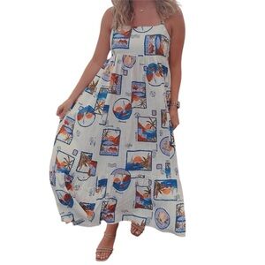 Paper Heart Vacation Resort Postcard Stamps Linen Blend la dolce vita Dress L